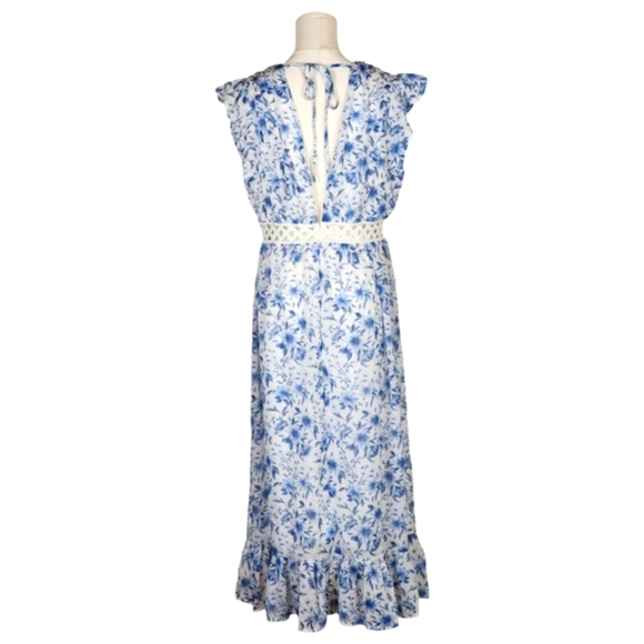 Lulus Make Things Shine White Blue Floral Midi Lightweight Flowy Dress L - Picture 5 of 16